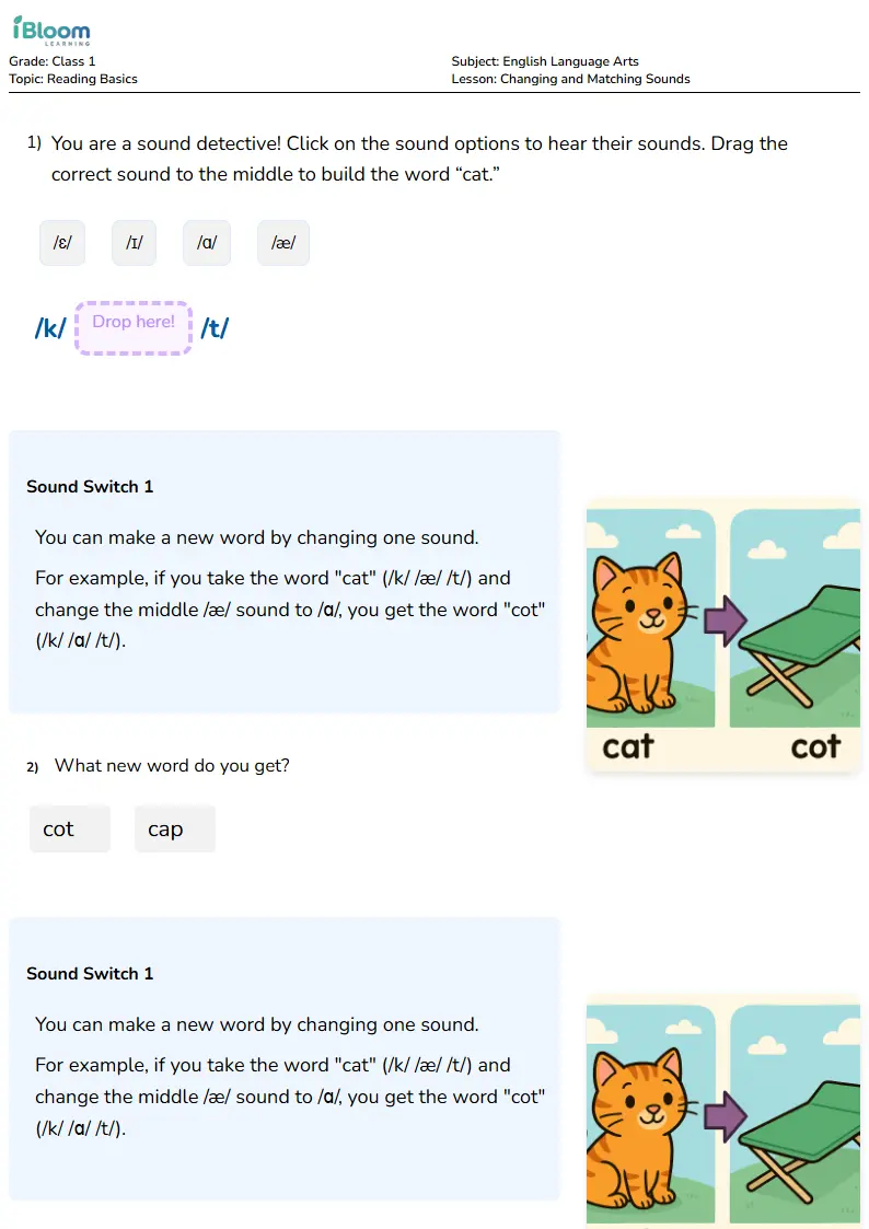 Changing and Matching Sounds Lesson for Class 1