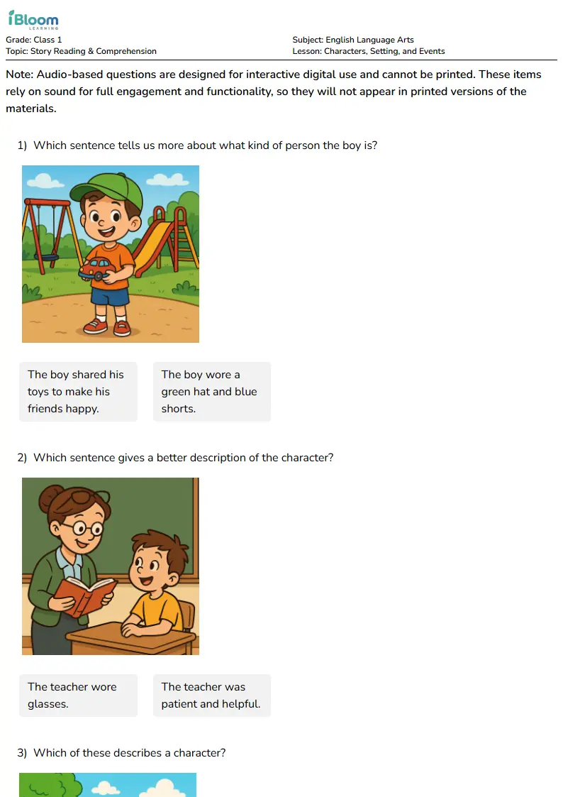 Characters, Setting, and Events Lesson for Class 1