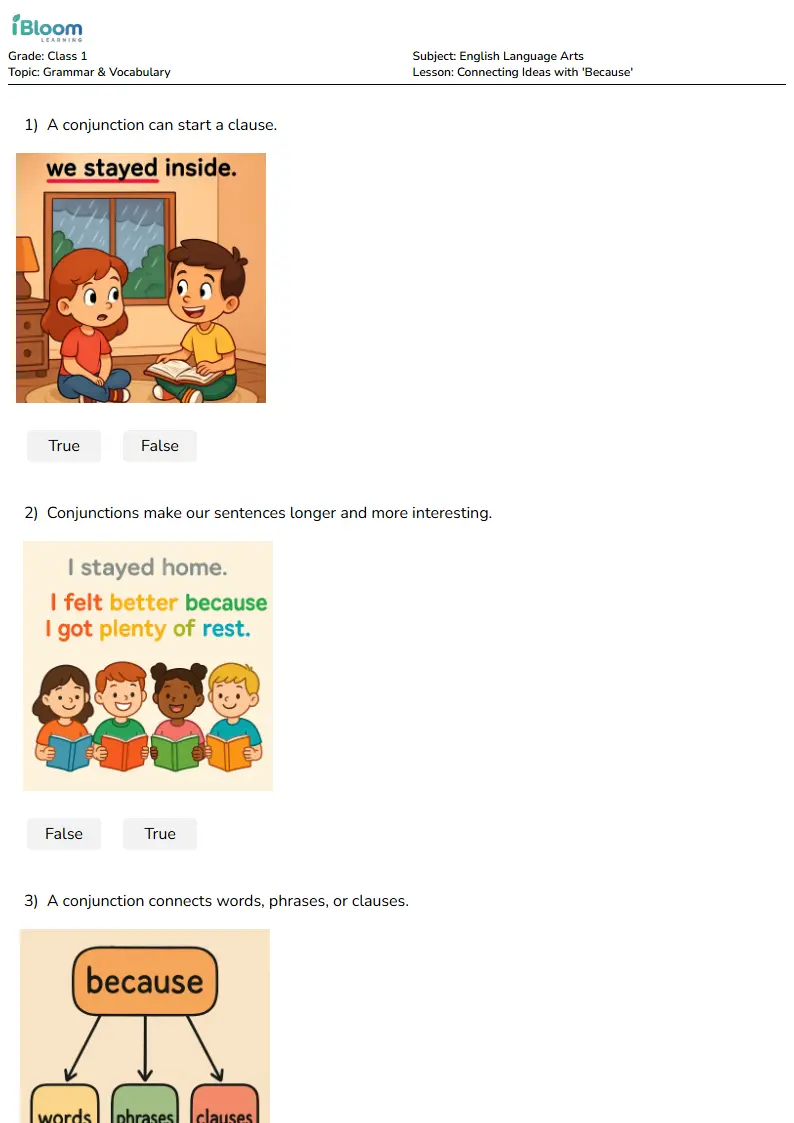 Connecting Ideas with 'Because' Lesson for Class 1