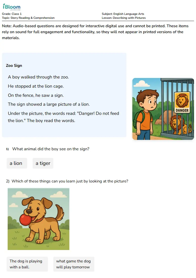 Describing with Pictures Lesson for Class 1