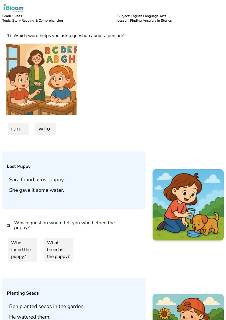 Finding Answers in Stories Lesson for Class 1