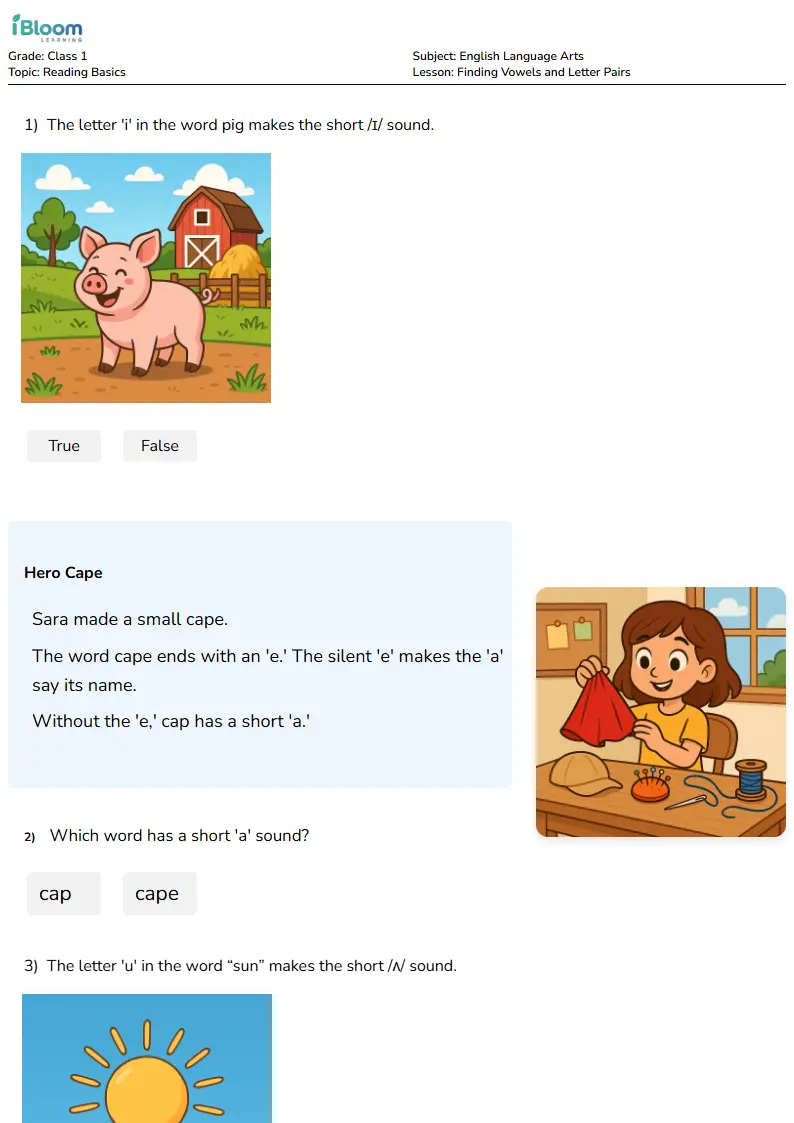 Finding Vowels and Letter Pairs Lesson for Class 1