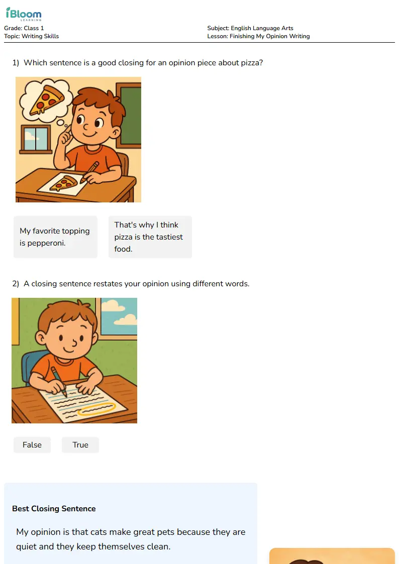 Finishing My Opinion Writing Lesson for Class 1