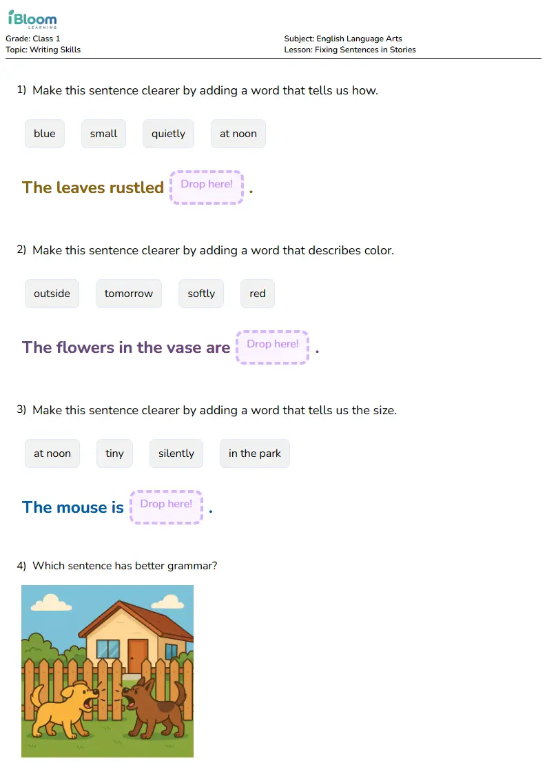 Fixing Sentences in Stories Lesson for Class 1