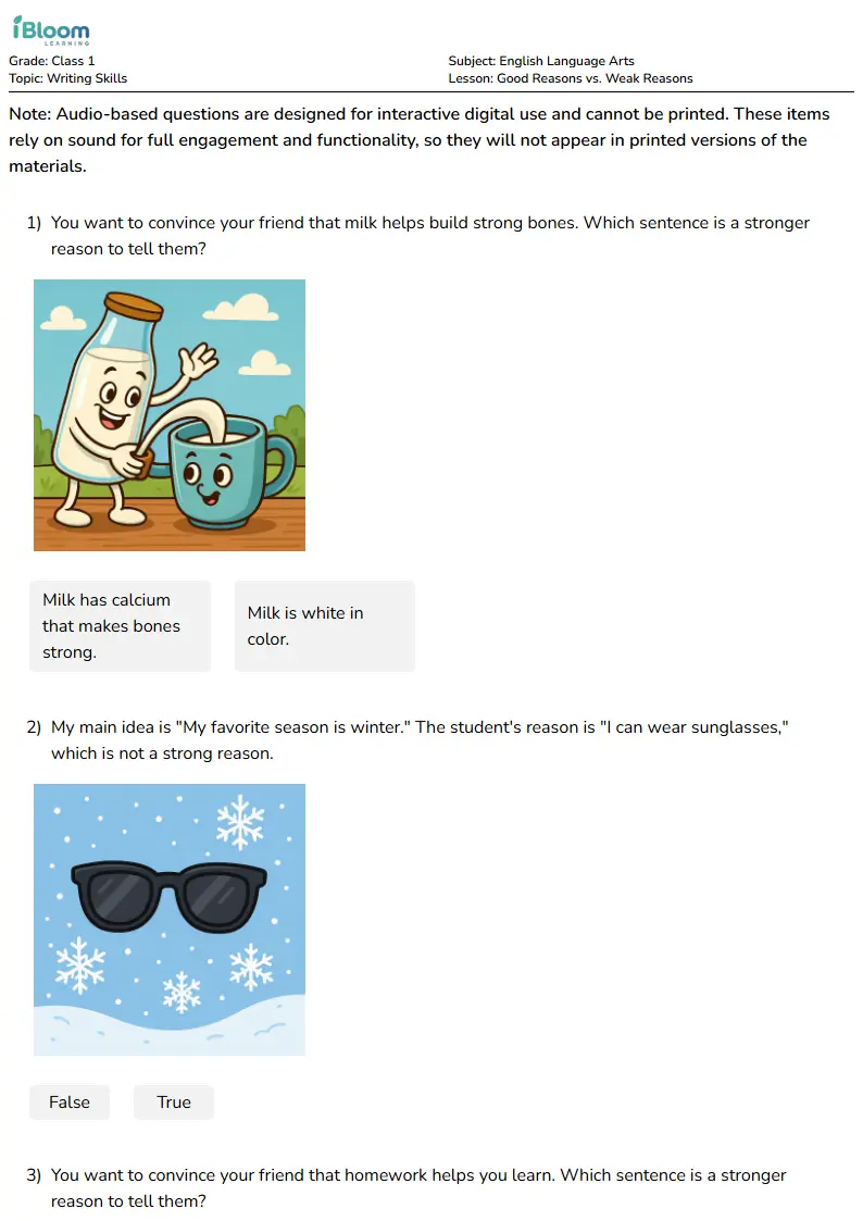 Good Reasons vs. Weak Reasons Lesson for Class 1 | iBloom