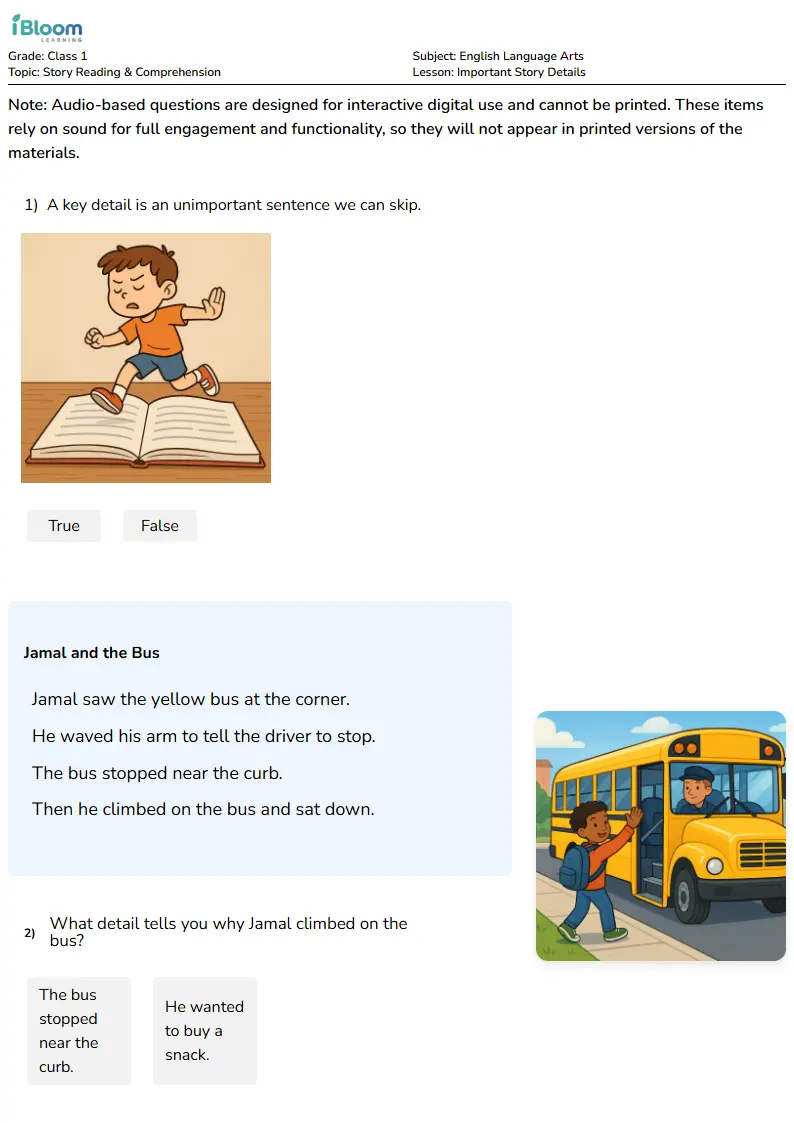 Important Story Details Lesson for Class 1 | iBloom