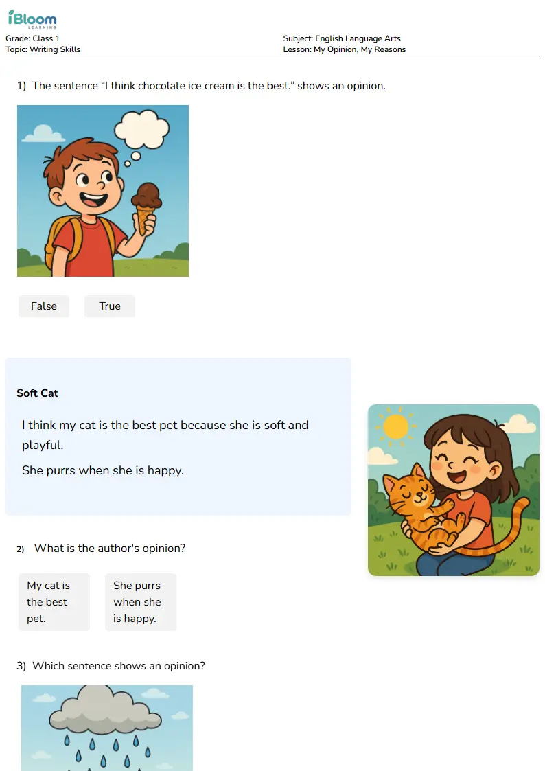 My Opinion, My Reasons Lesson for Class 1 | iBloom
