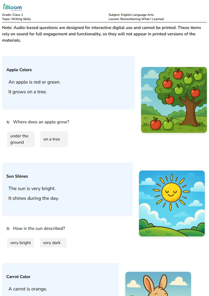 Remembering What I Learned Lesson for Class 1 | iBloom