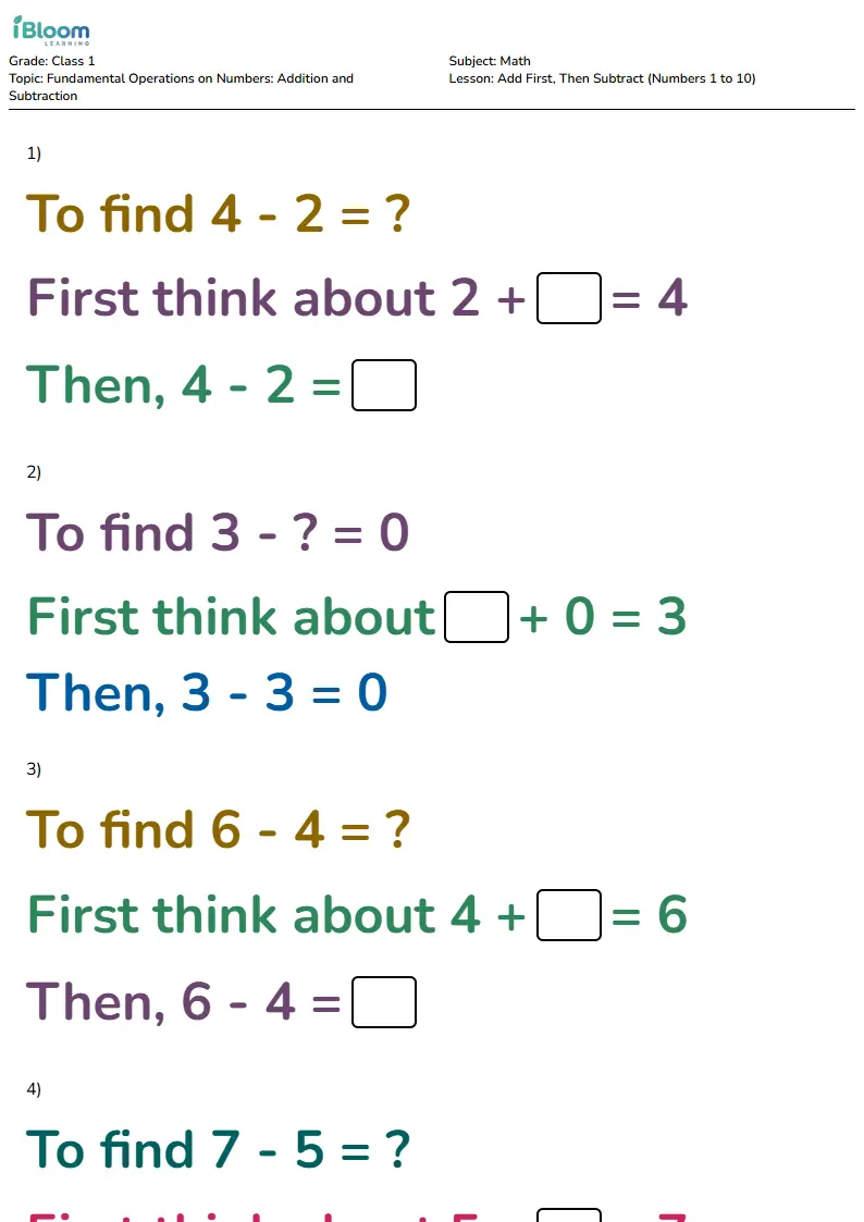 Add First, Then Subtract (Numbers 1 to 10) Lesson for Class 1