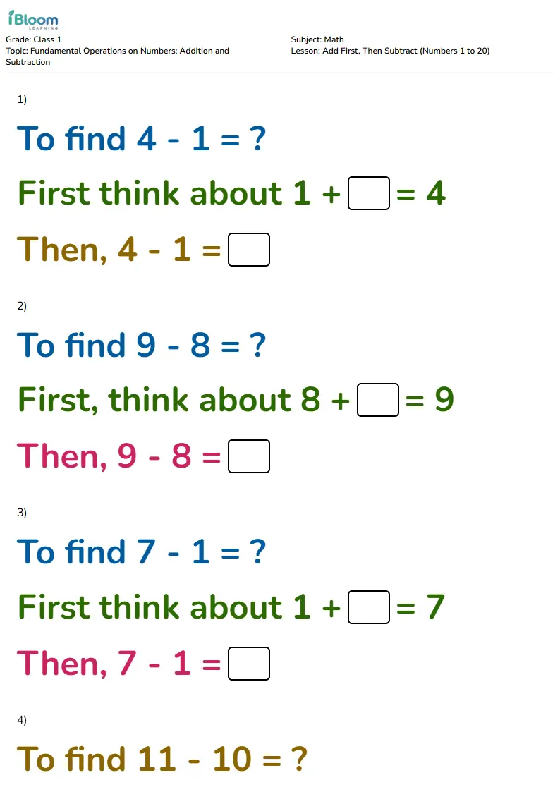 Add First, Then Subtract (Numbers 1 to 20) Lesson for Class 1