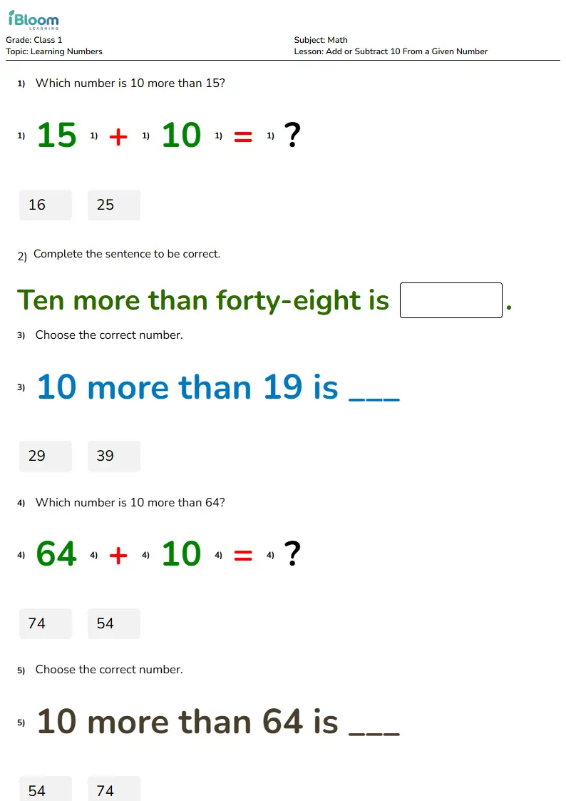 Add or Subtract 10 From a Given Number Lesson for Class 1