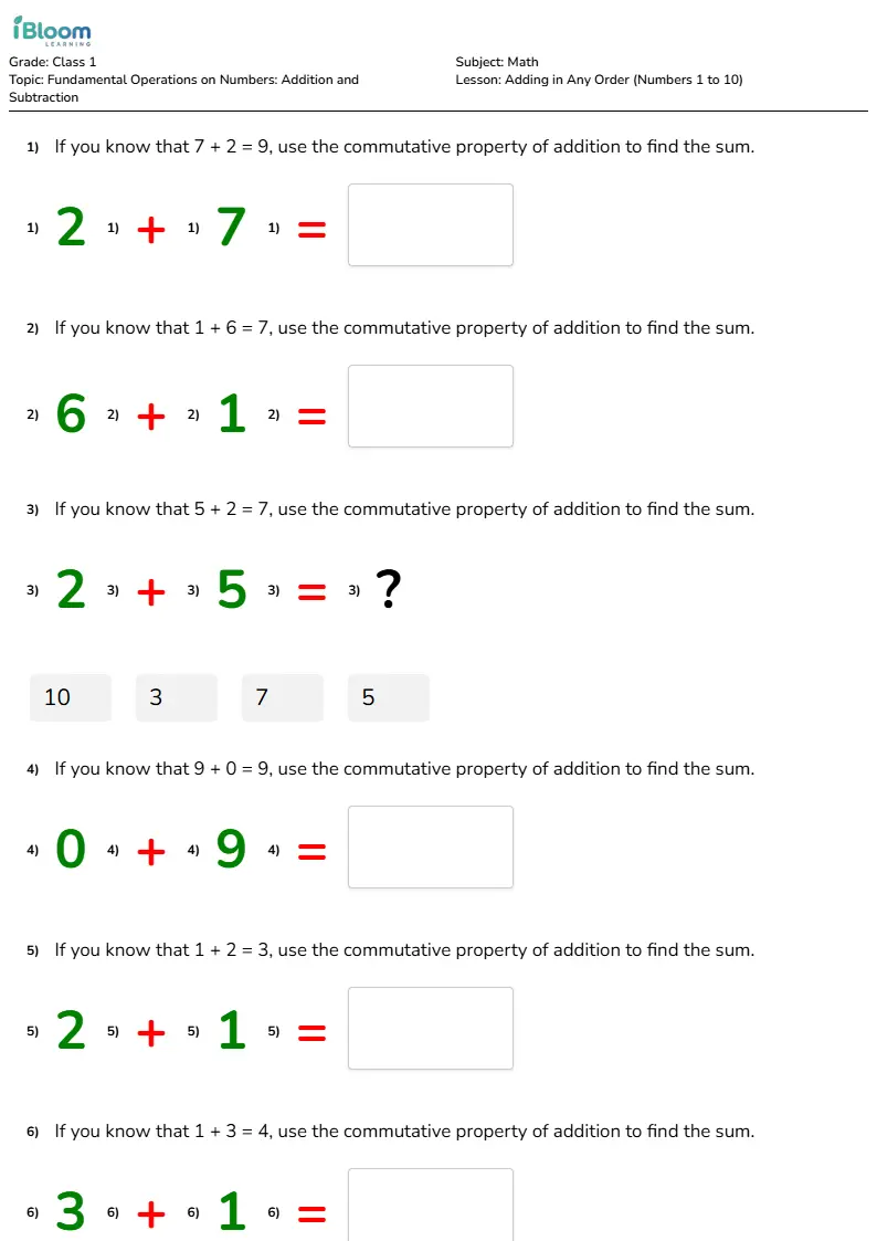 Adding in Any Order (Numbers 1 to 10) Lesson for Class 1