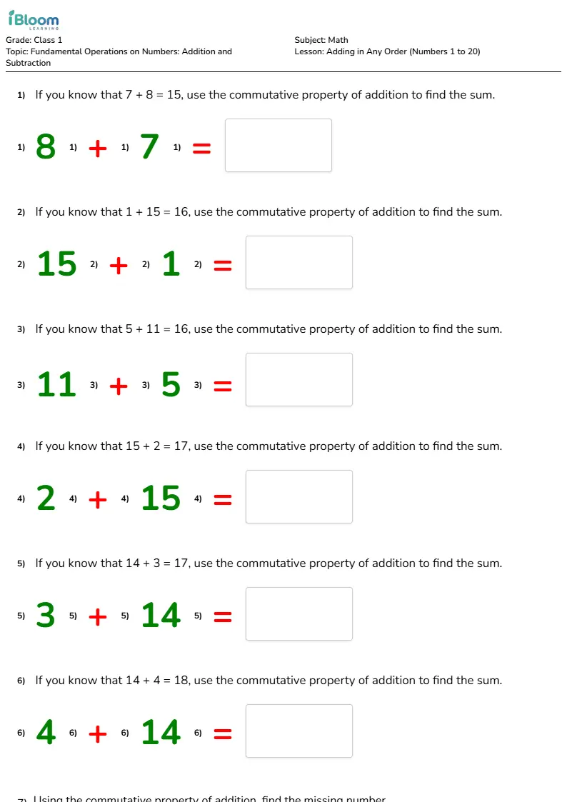 Adding in Any Order (Numbers 1 to 20) Lesson for Class 1