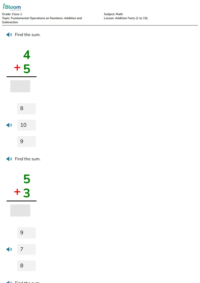 Addition Facts (1 to 15) Lesson for Class 1