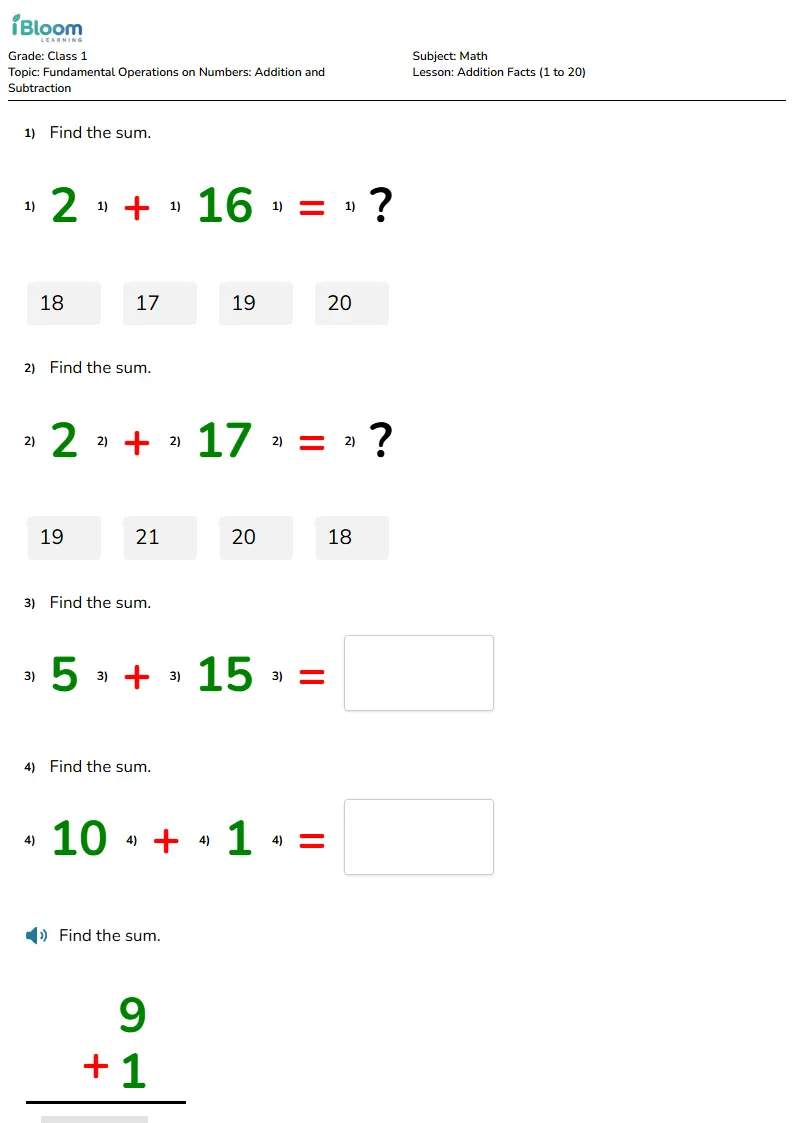 Addition Facts (1 to 20) Lesson for Class 1