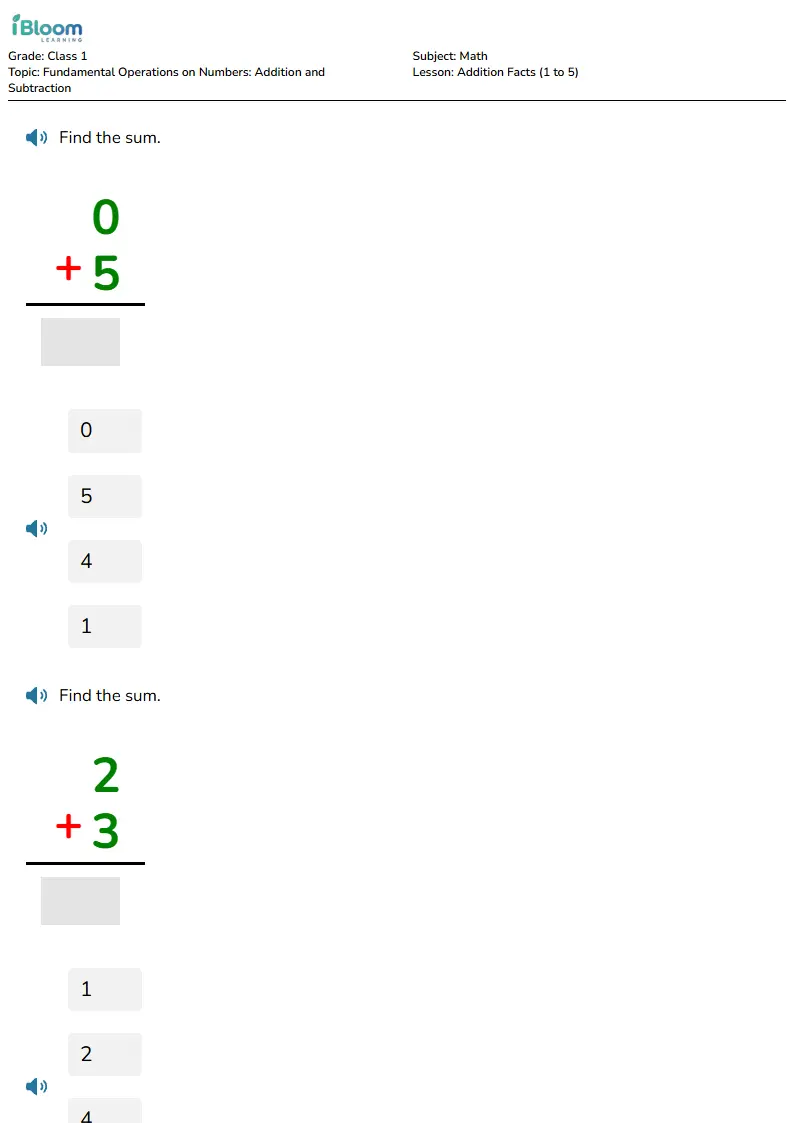 Addition Facts (1 to 5) Lesson for Class 1