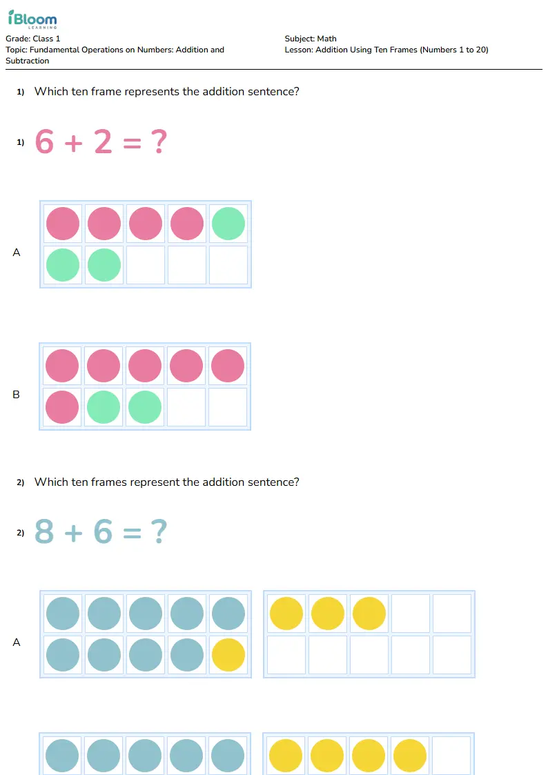 Addition Using Ten Frames (Numbers 1 to 20) Lesson for Class 1