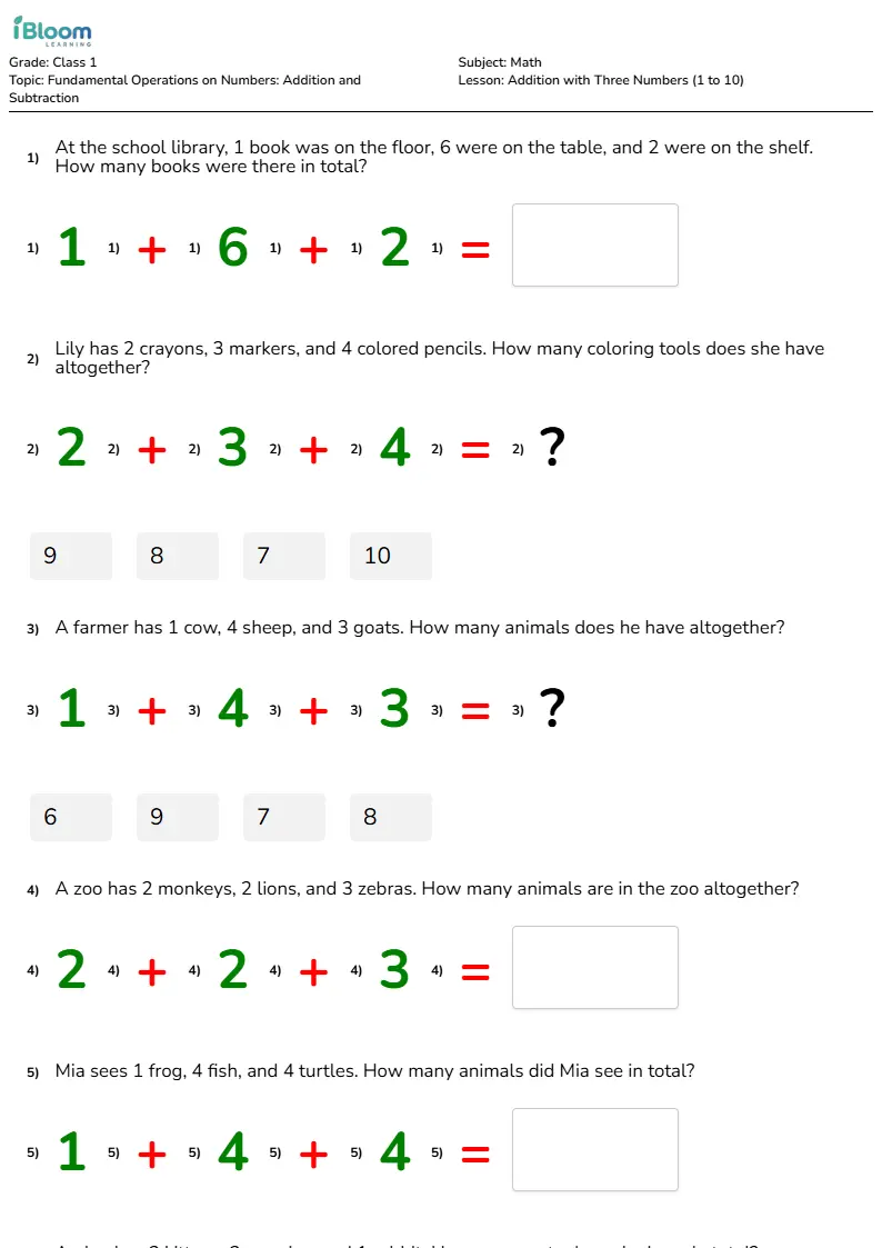 Addition with Three Numbers (1 to 10) Lesson for Class 1