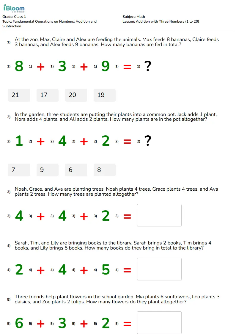 Addition with Three Numbers (1 to 20) Lesson for Class 1