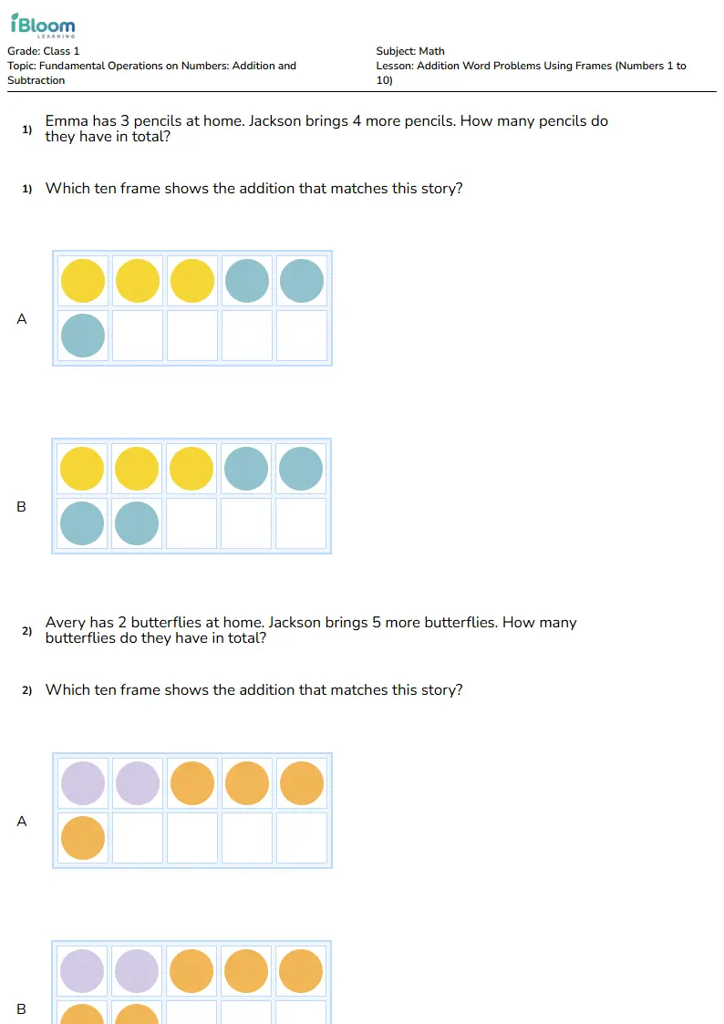 Addition Word Problems Using Frames (Numbers 1 to 10) Lesson for Class 1