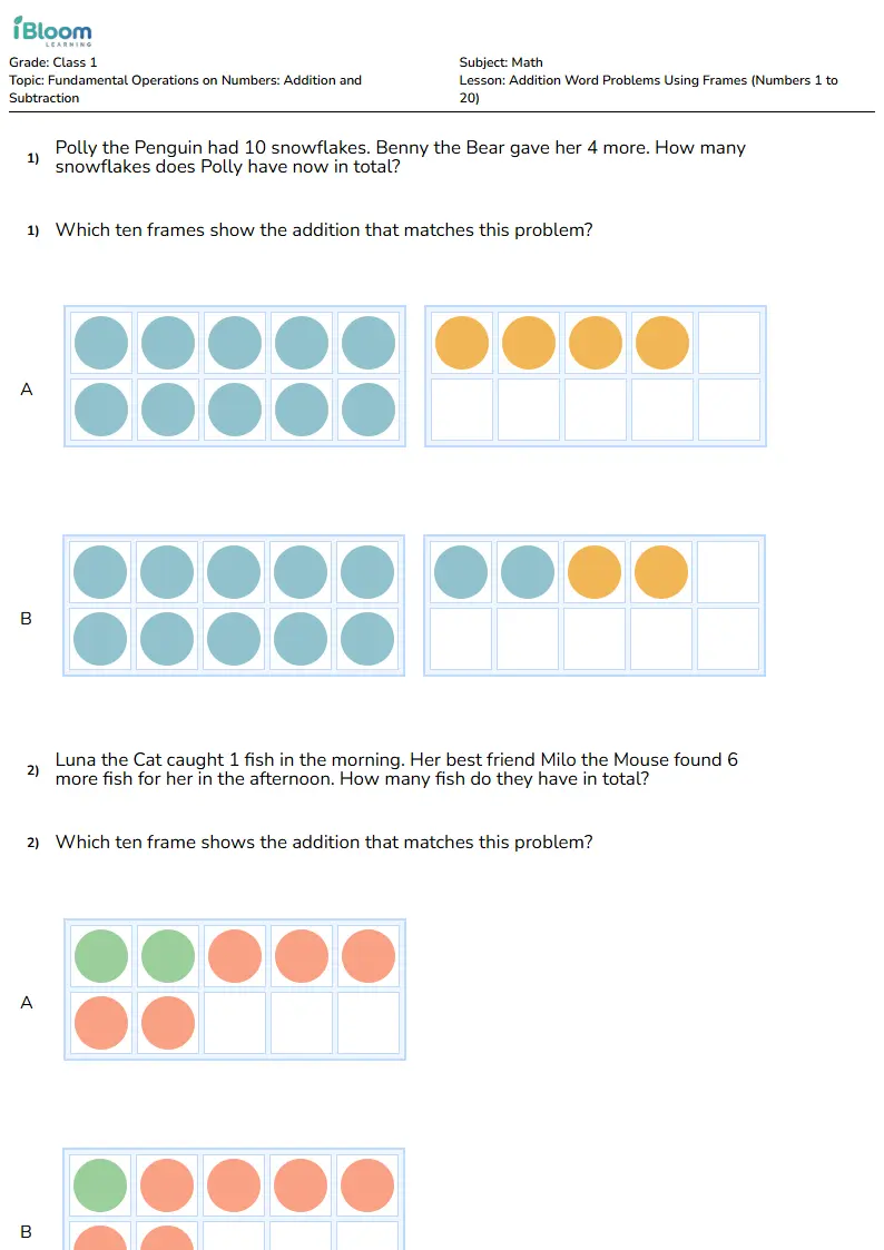 Addition Word Problems Using Frames (Numbers 1 to 20) Lesson for Class 1