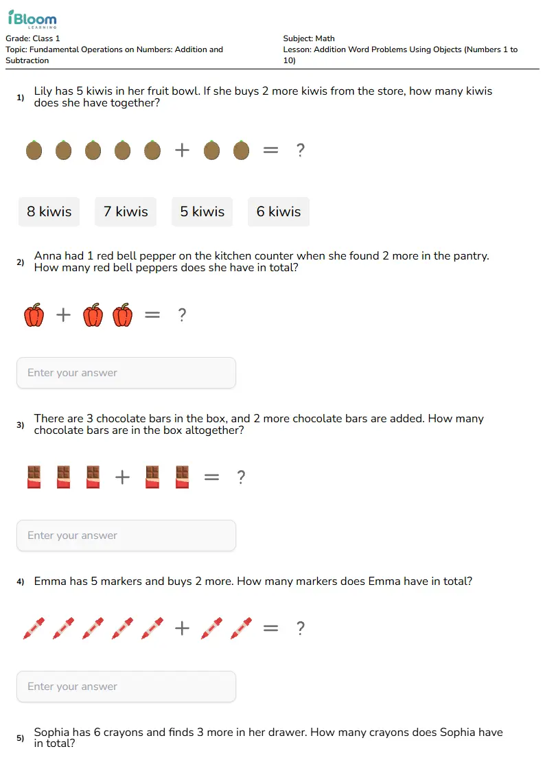 Addition Word Problems Using Objects (Numbers 1 to 10) Lesson for Class 1