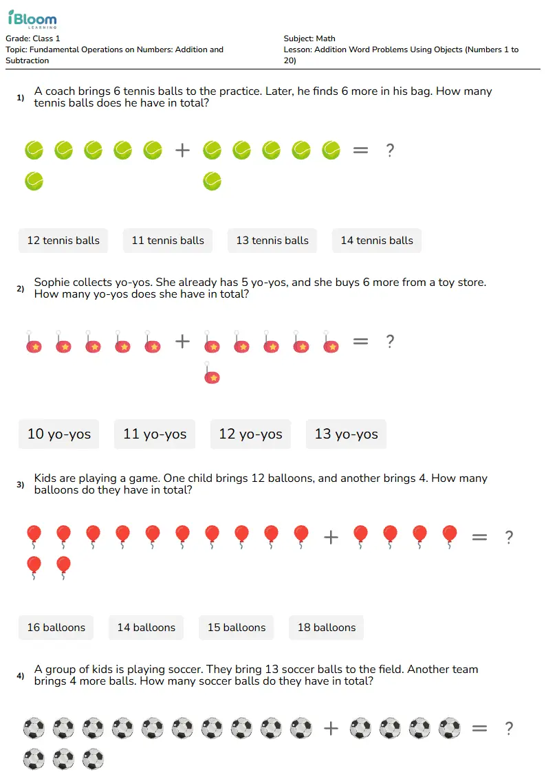 Addition Word Problems Using Objects (Numbers 1 to 20) Lesson for Class 1