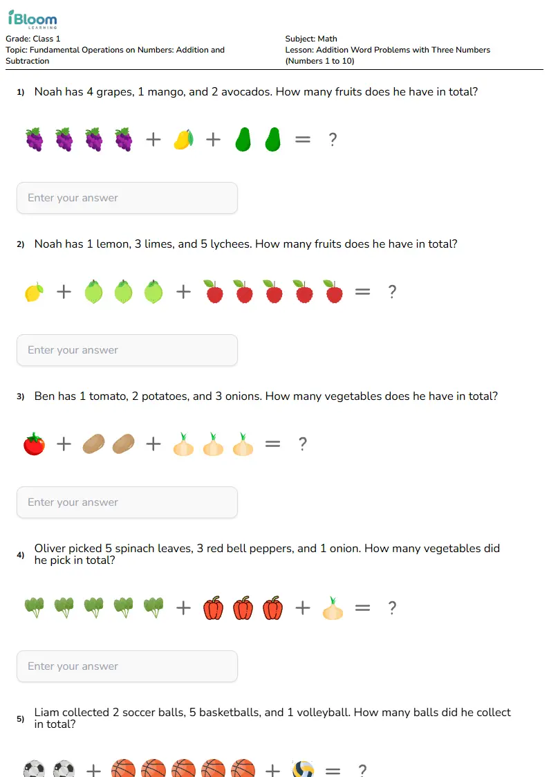 Addition Word Problems with Three Numbers (Numbers 1 to 10) Lesson for Class 1