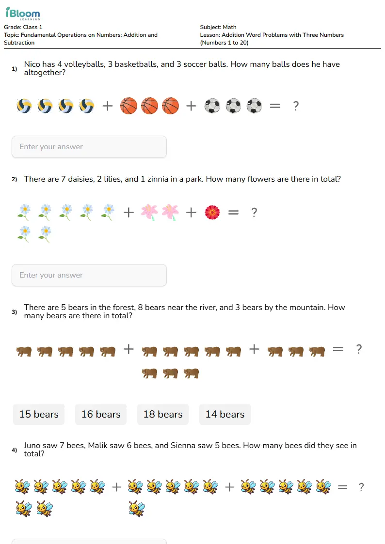 Addition Word Problems with Three Numbers (Numbers 1 to 20) Lesson for Class 1