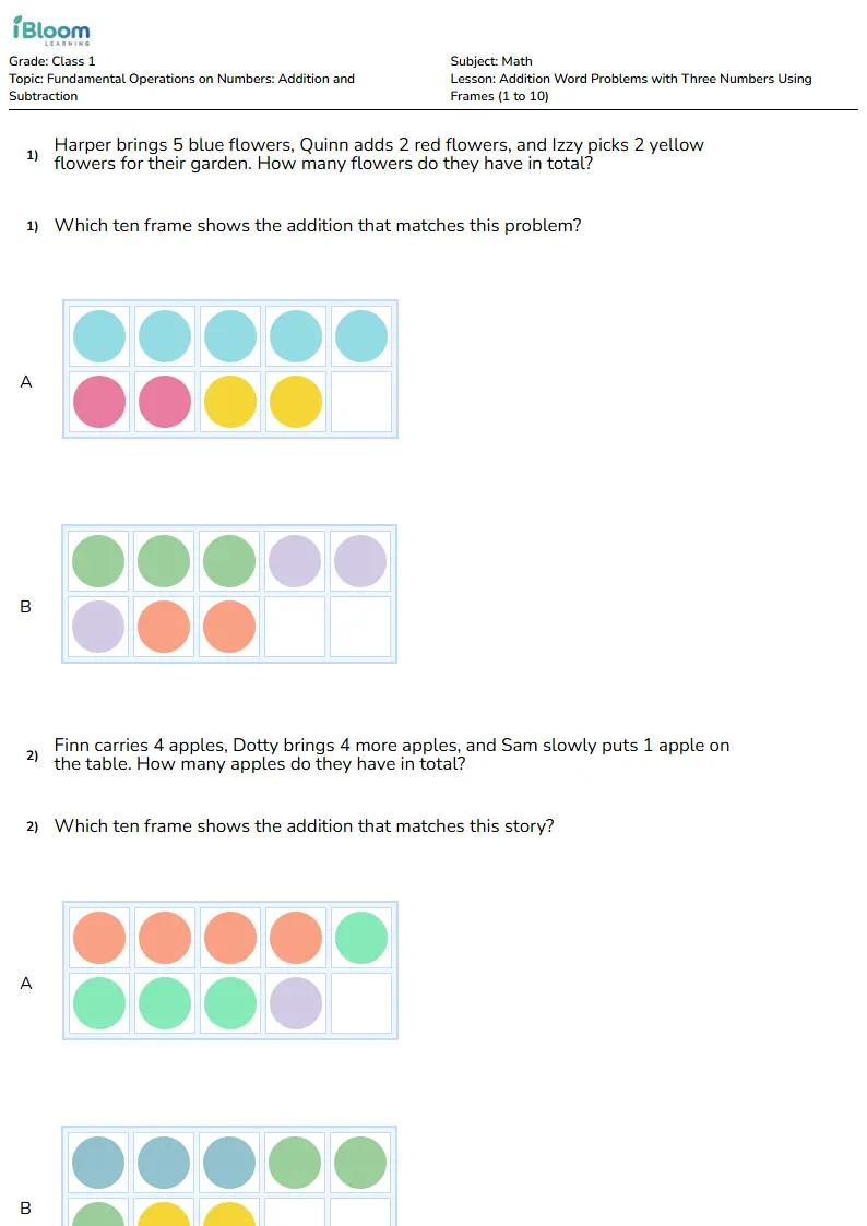 Addition Word Problems with Three Numbers Using Frames (1 to 10) Lesson for Class 1