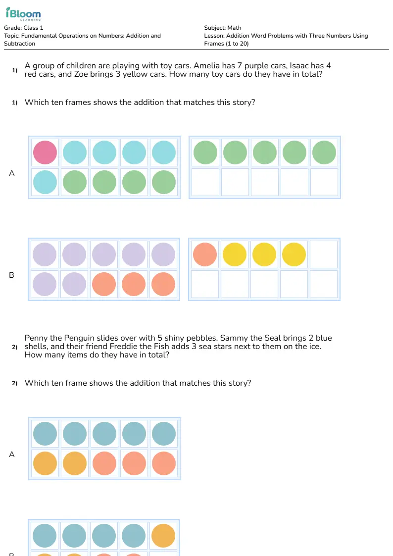 Addition Word Problems with Three Numbers Using Frames (1 to 20) Lesson for Class 1
