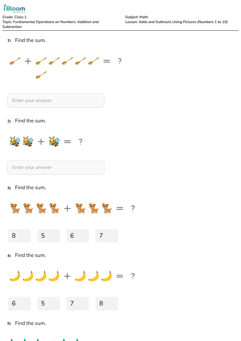 Adds and Subtracts Using Pictures (Numbers 1 to 10) Lesson for Class 1 | iBloom