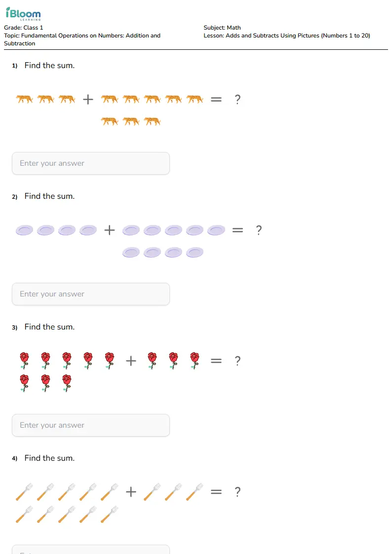 Adds and Subtracts Using Pictures (Numbers 1 to 20) Lesson for Class 1 | iBloom