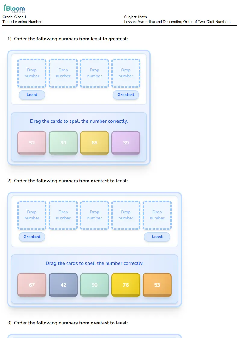 Ascending and Descending Order of Two-Digit Numbers Lesson for Class 1 | iBloom