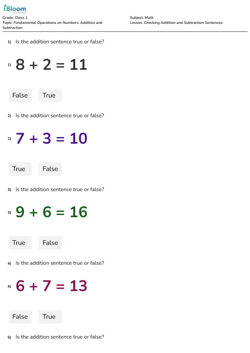 Checking Addition and Subtraction Sentences Lesson for Class 1 | iBloom