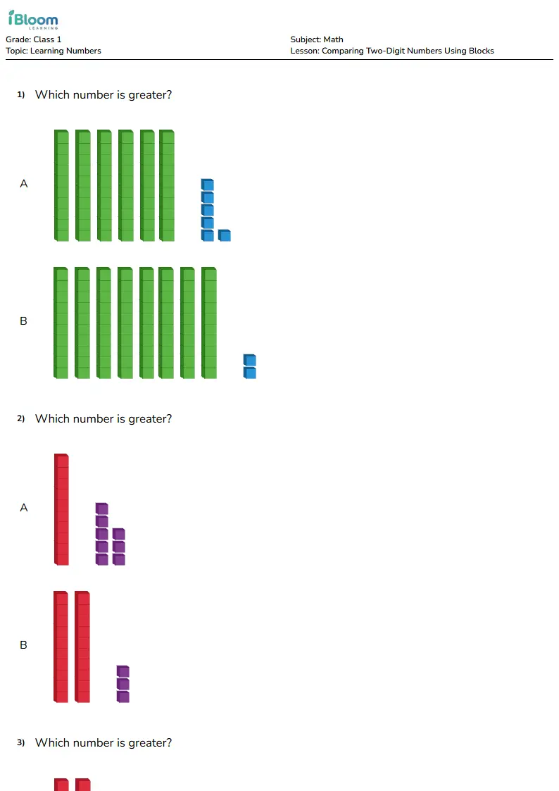 Comparing Two-Digit Numbers Using Blocks Lesson for Class 1 | iBloom