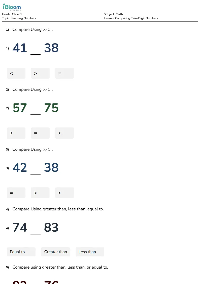 Comparing Two-Digit Numbers Lesson for Class 1 | iBloom
