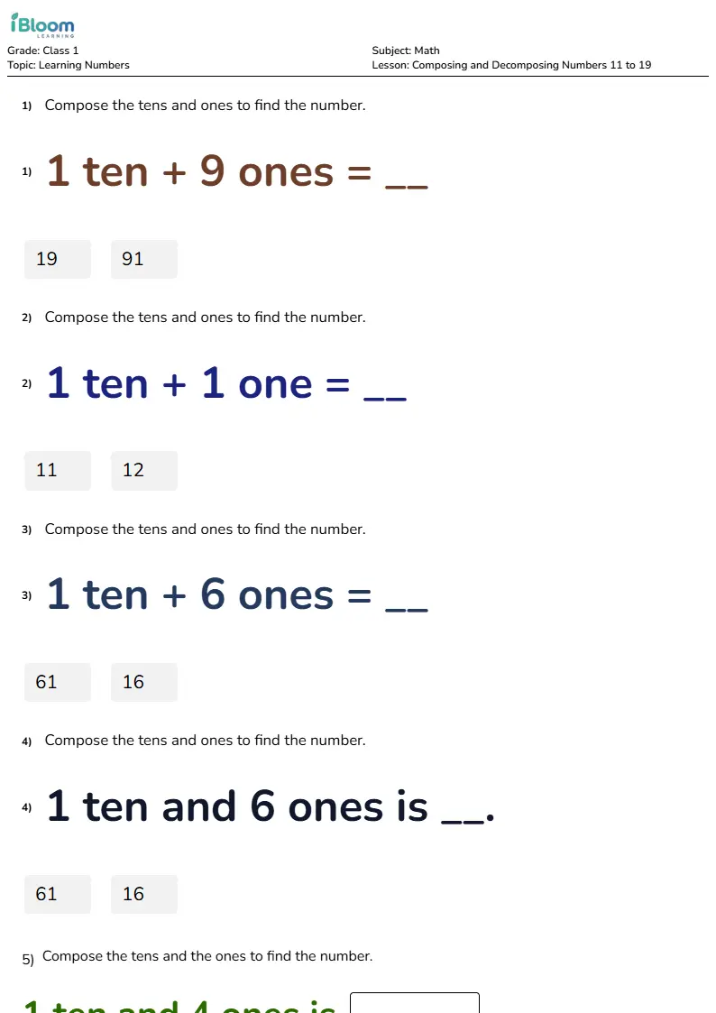 Composing and Decomposing Numbers 11 to 19 Lesson for Class 1 | iBloom