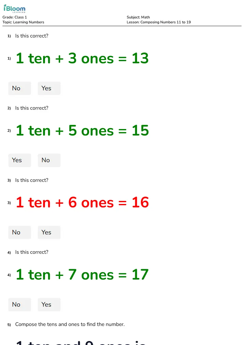 Composing Numbers 11 to 19 Lesson for Class 1 | iBloom