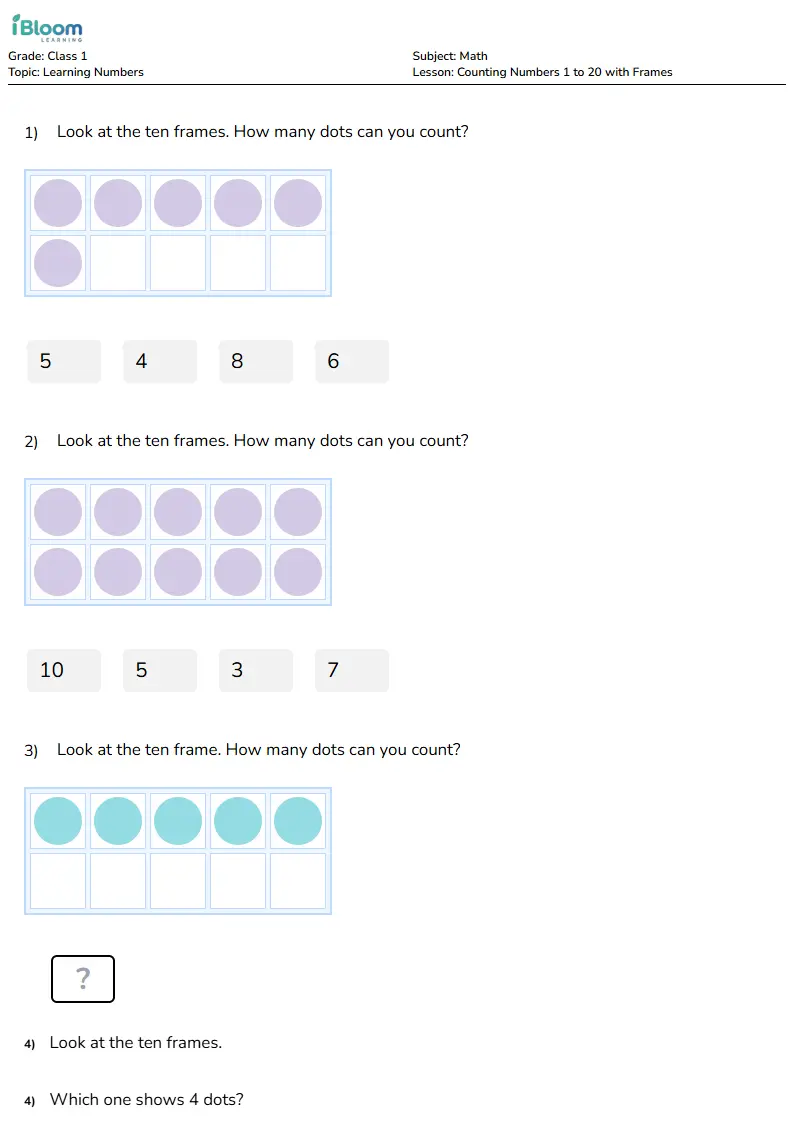 Counting Numbers 1 to 20 with Frames Lesson for Class 1 | iBloom