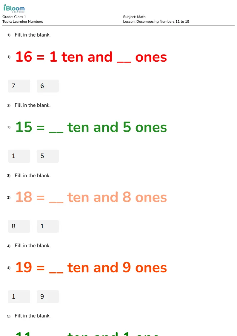 Decomposing Numbers 11 to 19 Lesson for Class 1 | iBloom