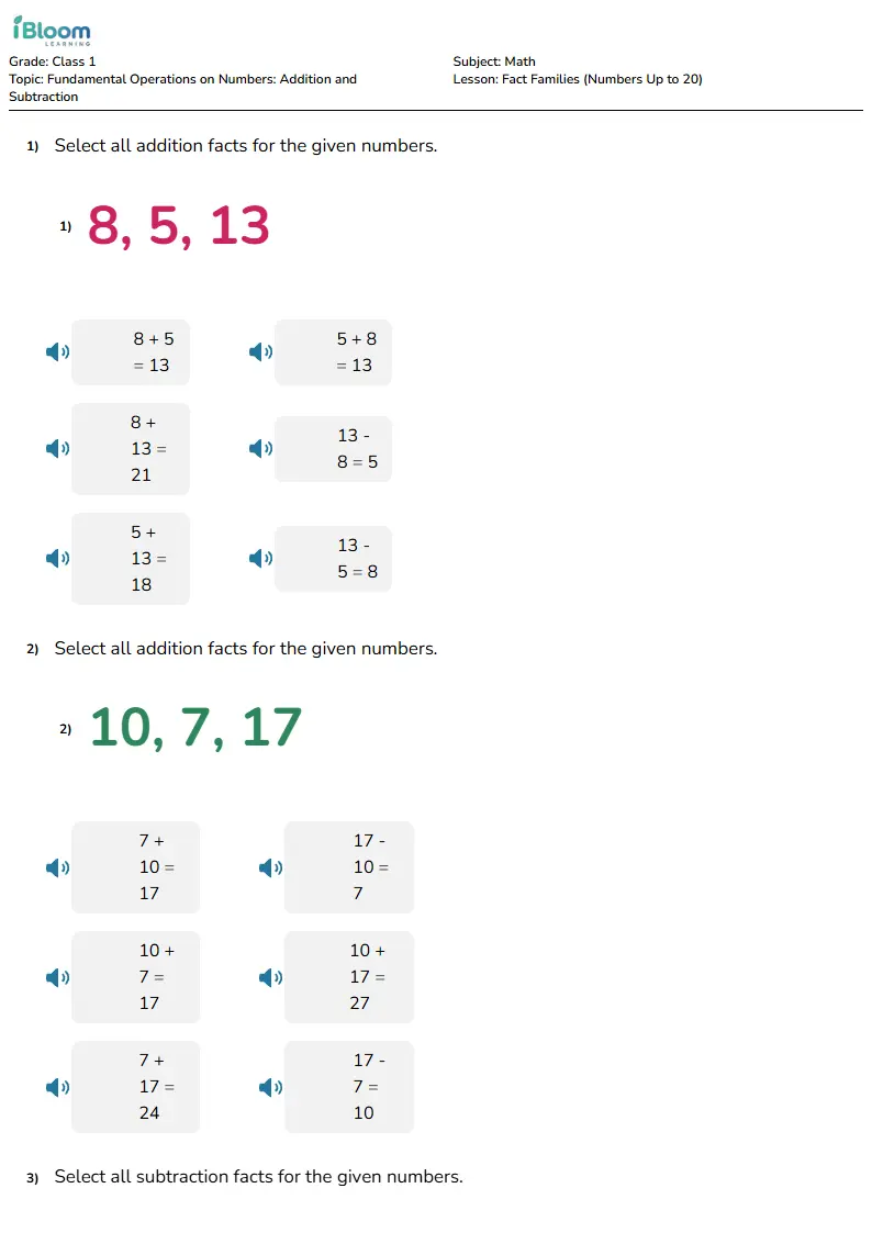 Fact Families (Numbers Up to 20) Lesson for Class 1 | iBloom