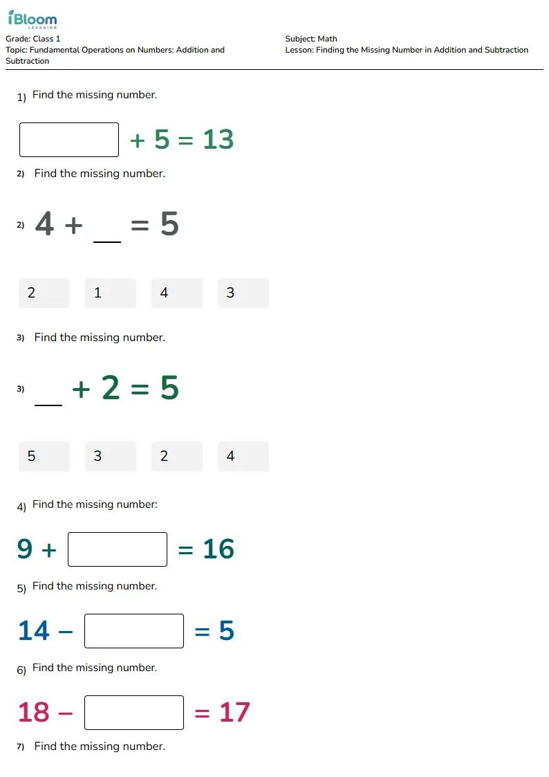 Finding the Missing Number in Addition and Subtraction Lesson for Class 1 | iBloom