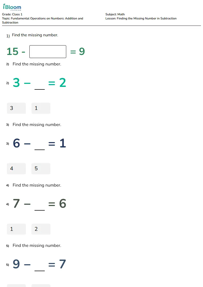 Finding the Missing Number in Subtraction Lesson for Class 1 | iBloom