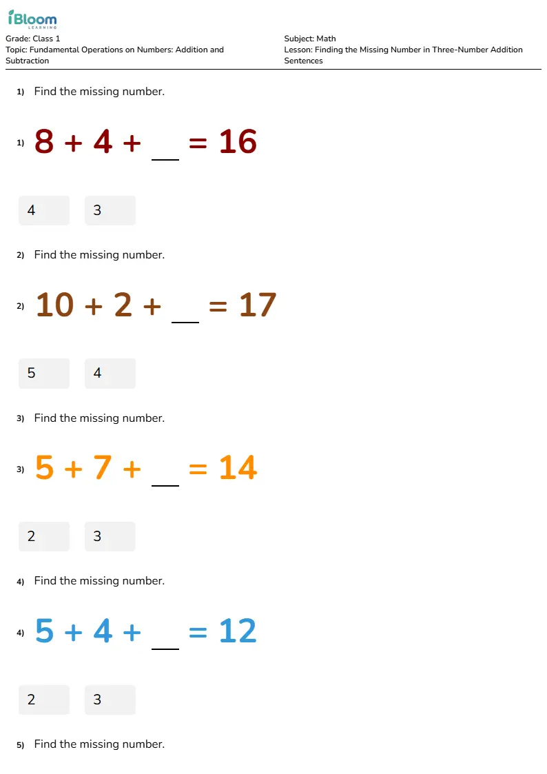 Finding the Missing Number in Three-Number Addition Sentences Lesson for Class 1 | iBloom