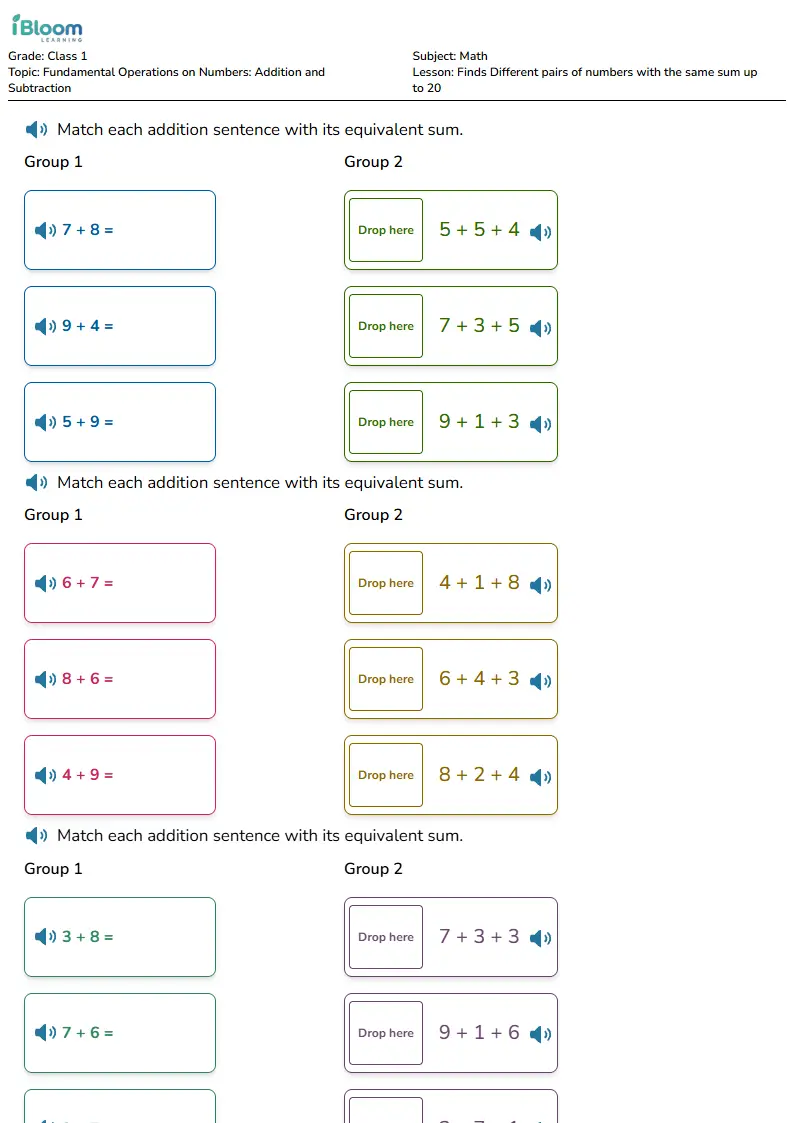 Finds Different pairs of numbers with the same sum up to 20 Lesson for Class 1 | iBloom