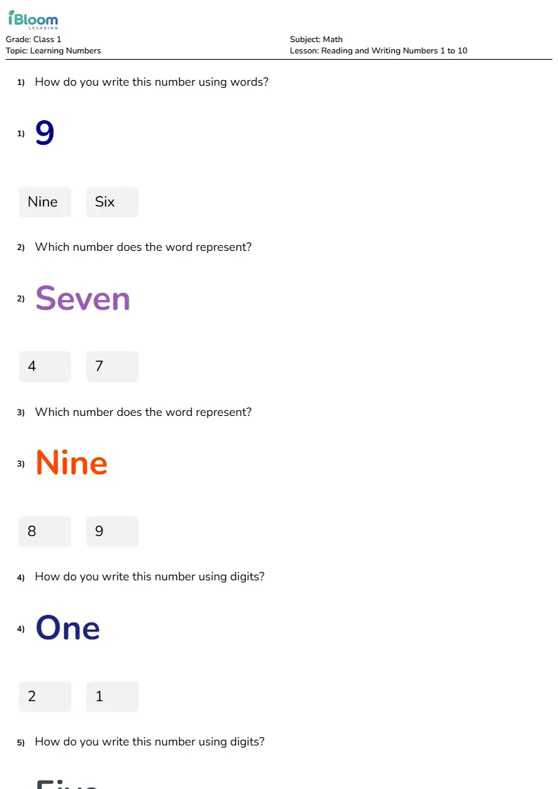 Reading and Writing Numbers 1 to 10 Lesson for Class 1 | iBloom