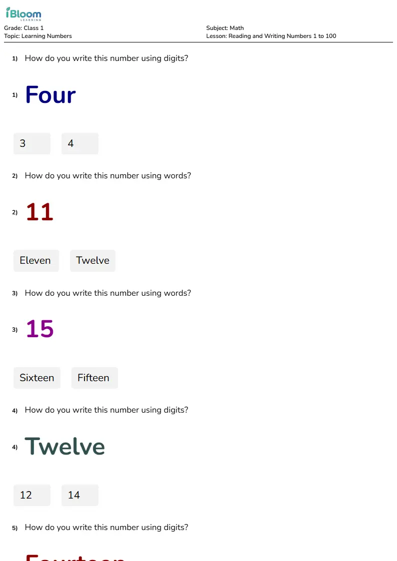Reading and Writing Numbers 1 to 100 Lesson for Class 1 | iBloom