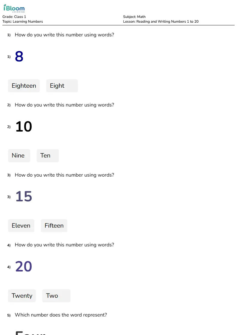 Reading and Writing Numbers 1 to 20 Lesson for Class 1 | iBloom