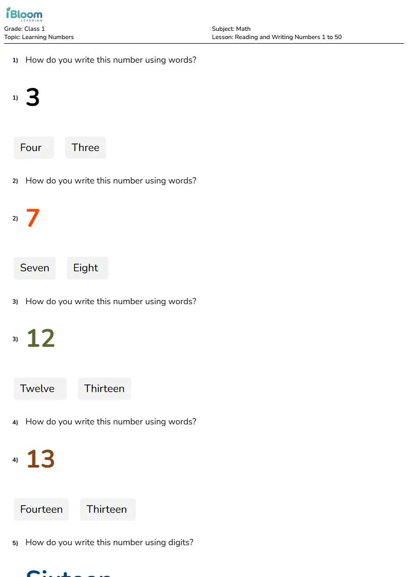 Reading and Writing Numbers 1 to 50 Lesson for Class 1 | iBloom